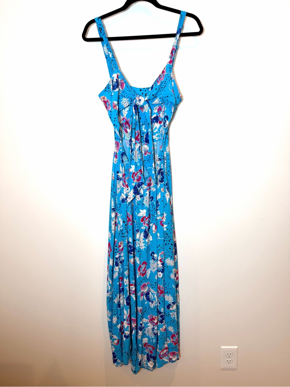 Zara Blue Red Floral Open Tie Back Strappy Maxi Dress Sz Small - Picture 2 of 9